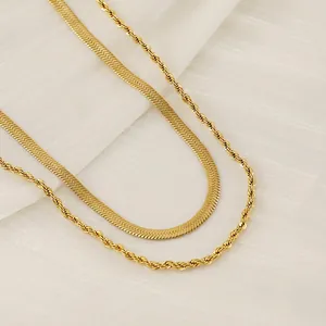 18k gold plated stainless steel snake bone and twisted rope layered necklace set