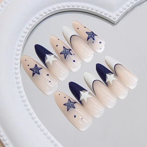Navy blue star and polka dot pattern long almond press-on nails set for women