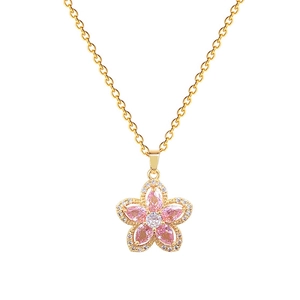 Pink crystal flower pendant necklace in gold-plated steel with sparkling accents