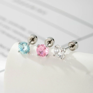 Round Zircon Cartilage Piercing Stud Earring Copper With Titanium Steel Screw Back Dopamine Style Minimalist Jewelry For Women
