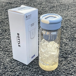 Minimalist 650ml portable tea infuser bottle with light blue lid and filter on gray gravel