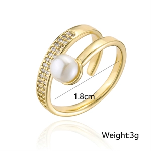 18K gold plated ring with micro-pave cubic zirconia and a round white pearl