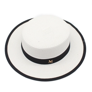 French style white straw sun hat with black trim and gold M buckle for summer wear
