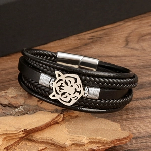 Men's multi-layer braided black leather bracelet with silver tiger head charm and magnetic clasp