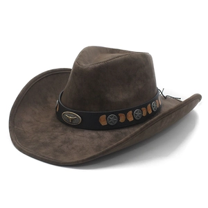 Classic brown western cowboy hat with wide brim and vintage metal bull head decoration