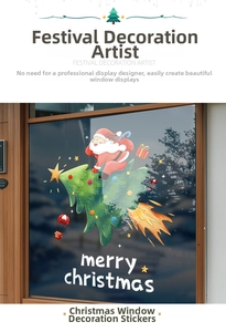Christmas window stickers featuring Santa, rocket-shaped tree and Merry Christmas text