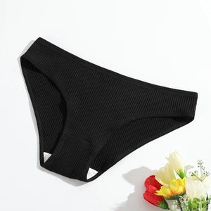Women's black ribbed cotton briefs with lace trim, 45-degree flat lay on white background