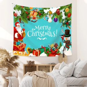 Cozy bedroom setting with Merry Christmas tapestry on wall above bed with decor
