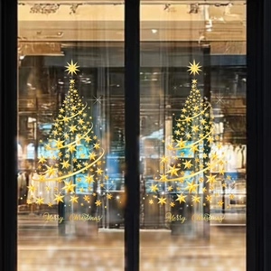 Christmas Window Sticker Static Cling Golden Star Tree Merry Christmas Double Sided PVC Glass Decor