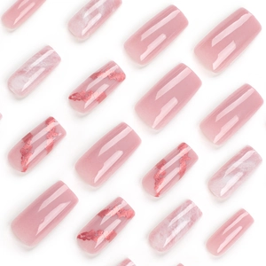 Long square press-on nails with sweet pink marble patterns and rose gold foil details