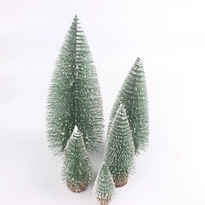Set of five mini green cedar trees with realistic faux snow and brown wooden bases