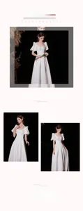 Detailed view of the square neckline and pearl embellishments on this white satin gown