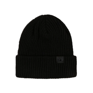Minimalist black knitted beanie hat with stylish FAVORITE leather patch for winter warmth