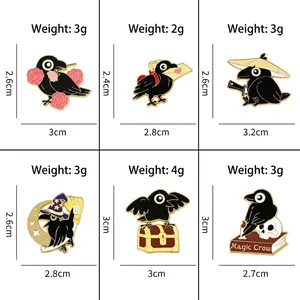 Enamel crow pins set featuring magic and warrior themes with detailed size dimensions