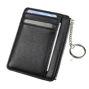 Slim black lychee pattern leather card holder with zipper pocket and metal keychain
