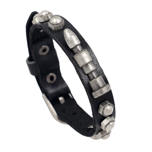 Men's vintage black leather bracelet featuring punk style metal studs and bullet rivets