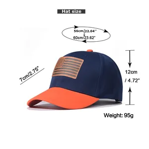 Size chart for color-block baseball cap showing dimensions and American flag patch detail