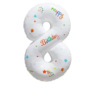 Ballon chiffre 8 blanc 32 pouces avec imprimé Happy Birthday coloré et étoiles