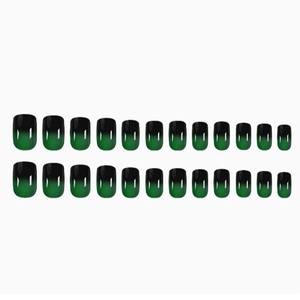 24-piece set of square short press-on nails featuring dark green and black ombre gradient