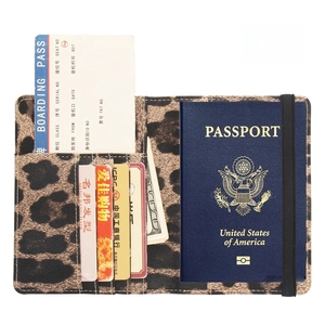 Leopard print RFID passport holder with elastic band and multi-card slot design