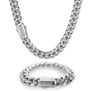 Ensemble collier et bracelet maille gourmette en acier inoxydable argenté poli avec fermoir