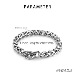 Détail du bracelet gourmette en acier inoxydable argenté avec fermoir OT et dimensions incluses
