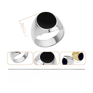 Polished stainless steel signet ring for men with black enamel top and size dimensions
