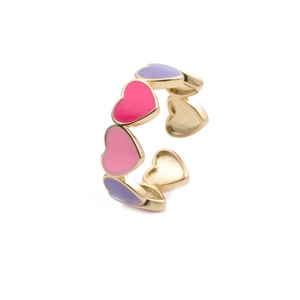 Adjustable gold ring with colorful pink and purple enamel hearts in a minimalist design