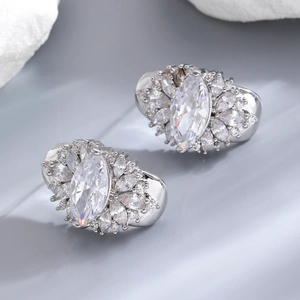 Macro view of crystal marquise flower ear cuff with sparkling zircon floral detail