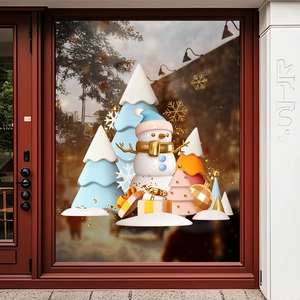 Christmas Window Clings Static PVC Snowman Tree 3D Visual Decorative Glass Decals Holiday Shop Decor