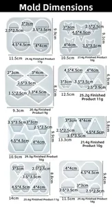 Tabella delle taglie per stampi in silicone in varie forme come tondo, cuore e stella