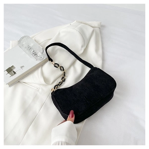Detail of black corduroy shoulder bag showing texture and chain strap on white blazer