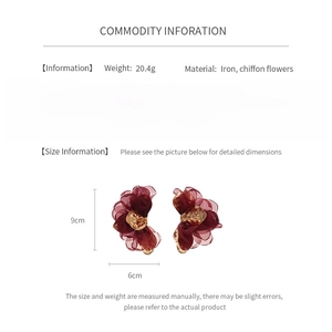 Size chart showing burgundy chiffon flower earrings with dimensions 9cm height and 6cm width