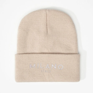 Beige MILANO ITALY embroidered knit beanie hat with a warm ribbed texture for women