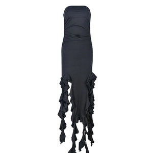 Detail of black strapless maxi dress featuring ruffled asymmetric hem and slim fit cut