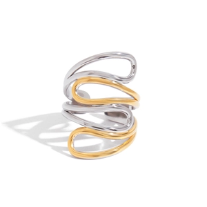 Minimalist Stainless Steel Multi-Layer Wavy Open Ring For Women 18K Gold Plated Mixed Color Adjustable Fashion Finger Ring Jewelry