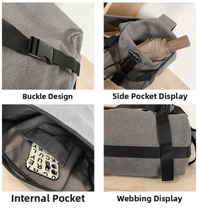 Detail view of canvas bag with side drawstring pocket, buckle, and internal compartments