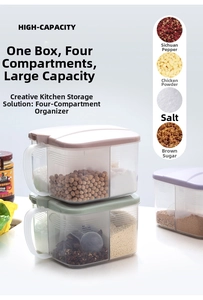 Macro view of high-capacity four-grid seasoning box with ergonomic handle and clear lid