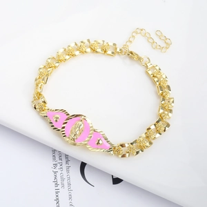 Luxurious 18K gold plated rose chain bracelet with pink enamel and Virgin Mary medal charm