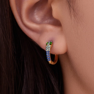Snake-shaped 18k gold plated hoop earrings featuring gradient blue and green zircon stones