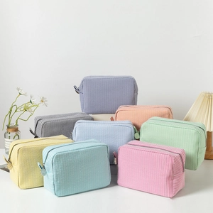 Striped Seersucker Cosmetic Bag Large Capacity Portable Toiletry Organizer Travel Makeup Case Vertical Stripes