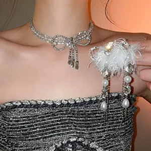 Bowknot Artificial Pearl Jewelry Necklace And Dangle Earrings Rhinestone Tassel With Silver Earring Post Feather Decor