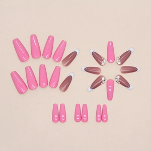 Barbie pink and gradient coffin press-on nails with sparkling rhinestones set