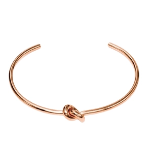 Polished rose gold stainless steel C-shape open bangle with a minimalist knot design