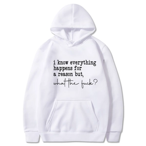 Women's white hoodie tracksuit set with black typographic print and kangaroo pocket