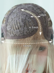 Detail of 13x4 synthetic lace wig cap structure with size markings for lace depth