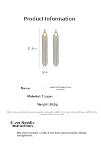 Detailed product specs of long waterfall chain tassel earrings in silver and gold finish