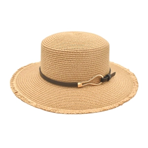 Chapeau de soleil pliable en paille à large bord pour femme avec ruban cuir et bord à franges