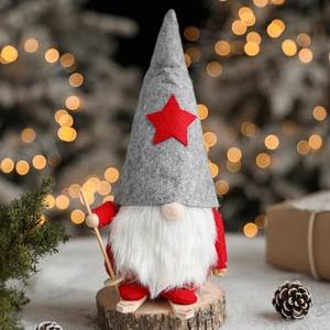 Standing Christmas Gnome on wooden skis with grey hat and red coat for holiday decor