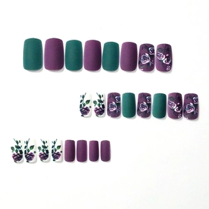 Matte press-on nails set with purple rose floral patterns and square tip shape